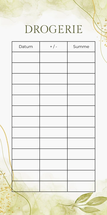 Budget Sheet Drogerie im Grüne Blätter Design mit Spalten Datum, Plus Minus und Summe