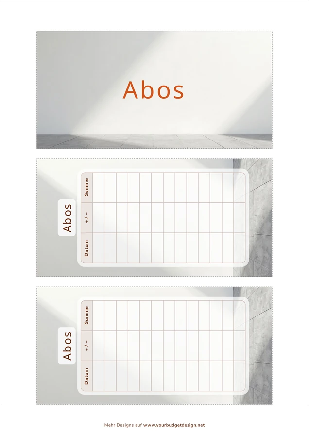 A4-Druckseite im Herren Beton Minimal Design mit Deckblatt und zwei Budget Sheets zum Ausschneiden