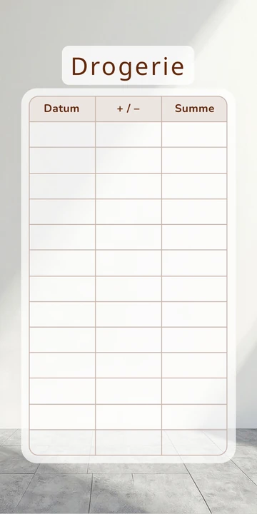 Budget Sheet Drogerie im Herren Beton Minimal Design mit Spalten Datum, Plus Minus und Summe