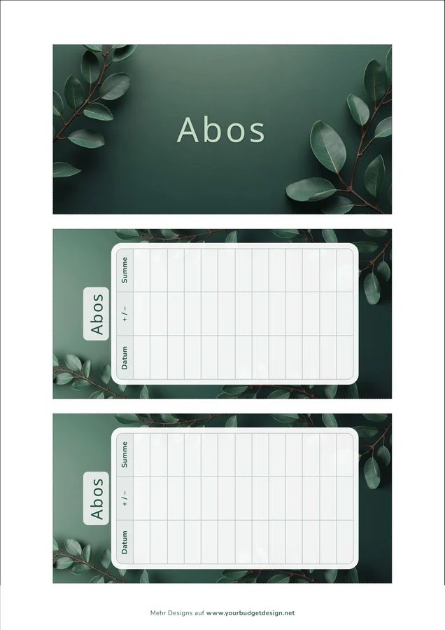 A4-Druckseite im Herren Dunkelgrün Blatt Design mit Deckblatt und zwei Budget Sheets zum Ausschneiden
