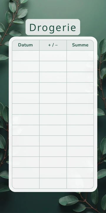 Budget Sheet Drogerie im Herren Dunkelgrün Blatt Design mit Spalten Datum, Plus Minus und Summe