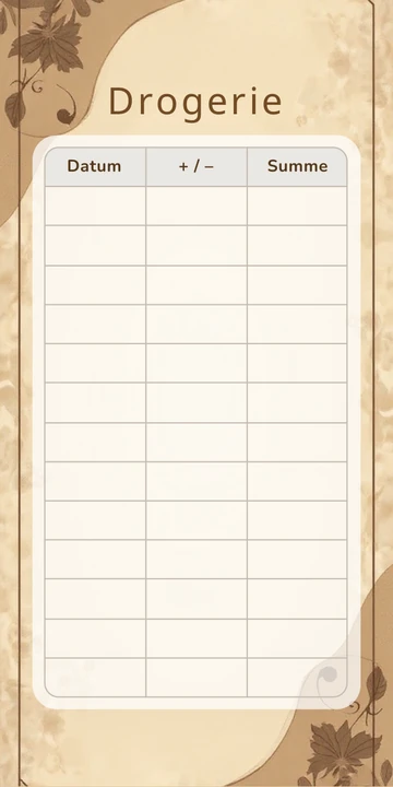 Budget Sheet Drogerie im Herren Kraftpapier Design mit Spalten Datum, Plus Minus und Summe