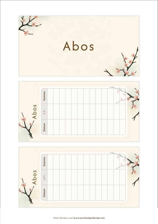 A4-Druckseite im Japandi Zweige Design mit Deckblatt und zwei Budget Sheets zum Ausschneiden