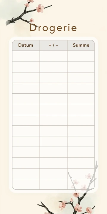 Budget Sheet Drogerie im Japandi Zweige Design mit Spalten Datum, Plus Minus und Summe