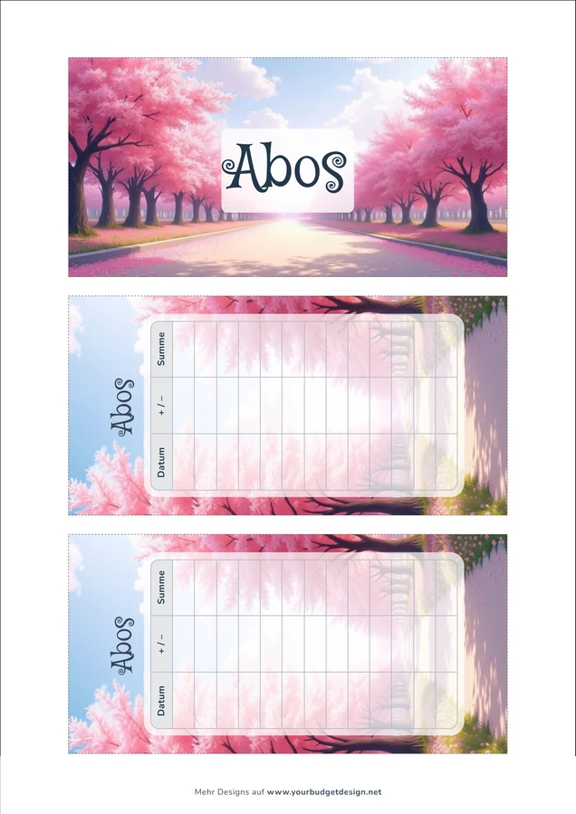A4-Druckseite im Kirschblüten Allee Design mit Deckblatt und zwei Budget Sheets zum Ausschneiden