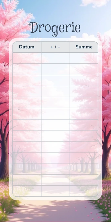 Budget Sheet Drogerie im Kirschblüten Allee Design mit Spalten Datum, Plus Minus und Summe