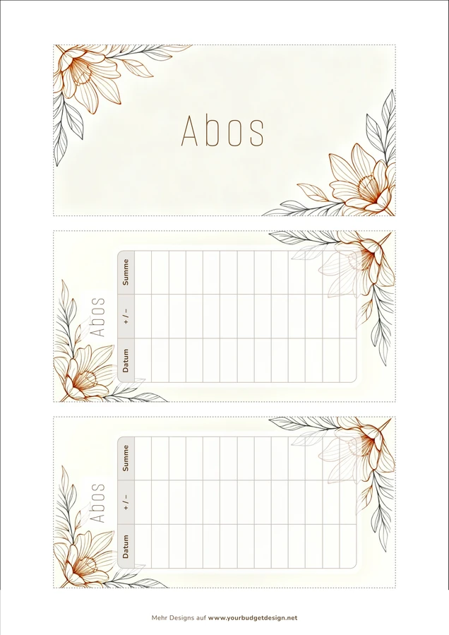 A4-Druckseite im Line Art Design mit Deckblatt und zwei Budget Sheets zum Ausschneiden