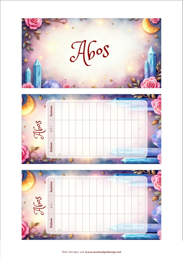 A4-Druckseite im Magie Kristalle Design mit Deckblatt und zwei Budget Sheets zum Ausschneiden