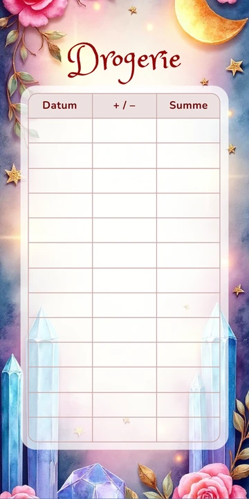 Budget Sheet Drogerie im Magie Kristalle Design mit Spalten Datum, Plus Minus und Summe