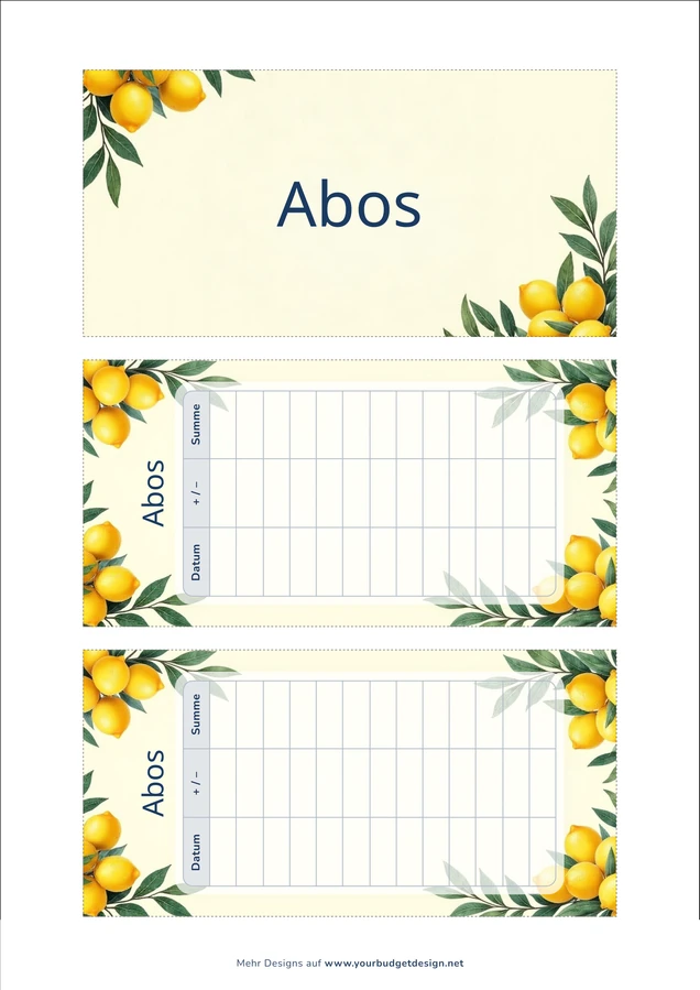 A4-Druckseite im Mediterrane Zitronen Design mit Deckblatt und zwei Budget Sheets zum Ausschneiden