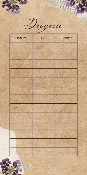 Budget Sheet Drogerie im Purple Paper Design mit Spalten Datum, Plus Minus und Summe