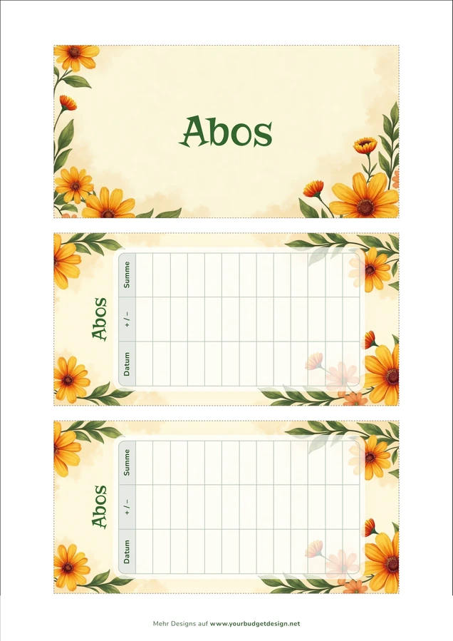 A4-Druckseite im Retro 70er Design mit Deckblatt und zwei Budget Sheets zum Ausschneiden