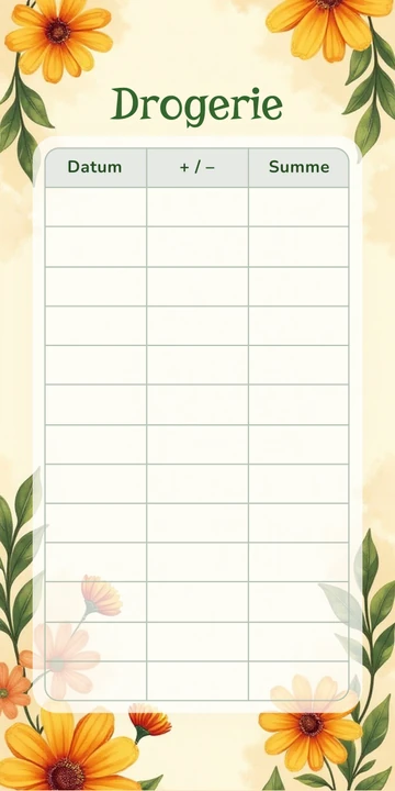 Budget Sheet Drogerie im Retro 70er Design mit Spalten Datum, Plus Minus und Summe