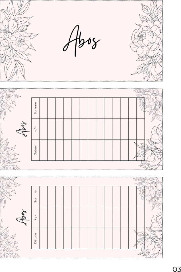 A4-Druckseite im Rosa-Schwarz Design mit Deckblatt und zwei Budget Sheets zum Ausschneiden