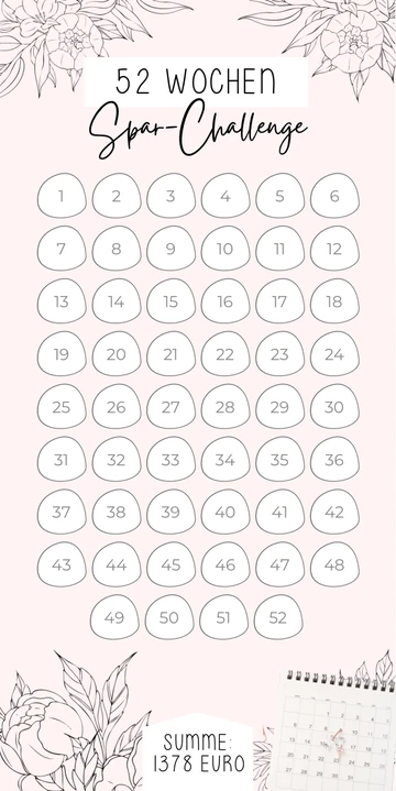 52 Wochen Sparchallenge im Rosa-Schwarz Design