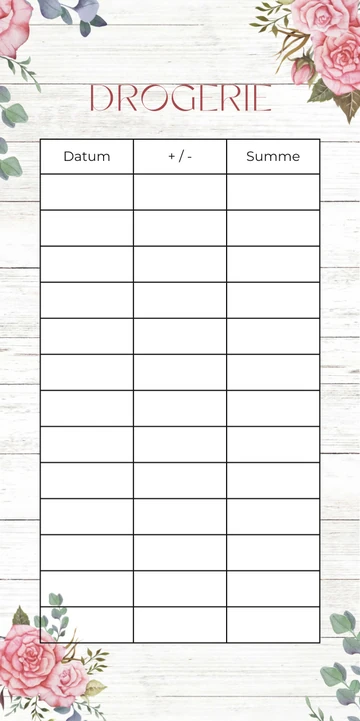 Budget Sheet Drogerie im Rosé Design mit Spalten Datum, Plus Minus und Summe