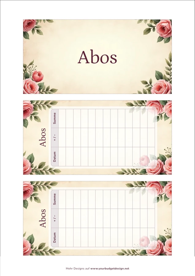 A4-Druckseite im Rosen Vintage Design mit Deckblatt und zwei Budget Sheets zum Ausschneiden