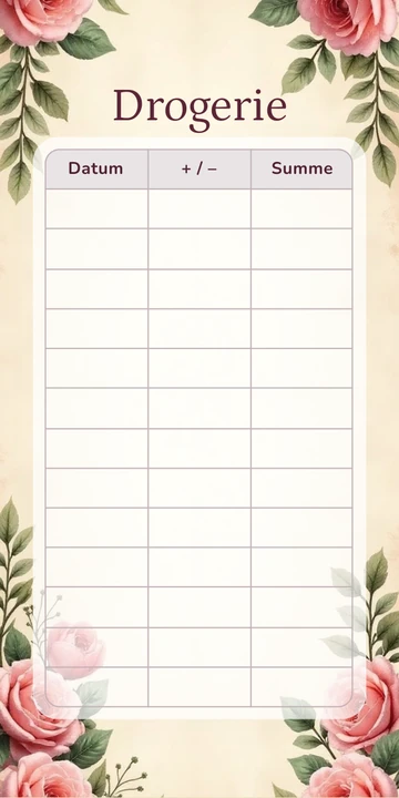 Budget Sheet Drogerie im Rosen Vintage Design mit Spalten Datum, Plus Minus und Summe