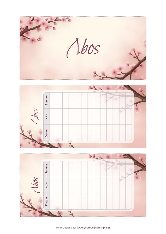 A4-Druckseite im Sakura Japanisch Design mit Deckblatt und zwei Budget Sheets zum Ausschneiden