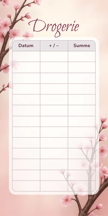 Budget Sheet Drogerie im Sakura Japanisch Design mit Spalten Datum, Plus Minus und Summe
