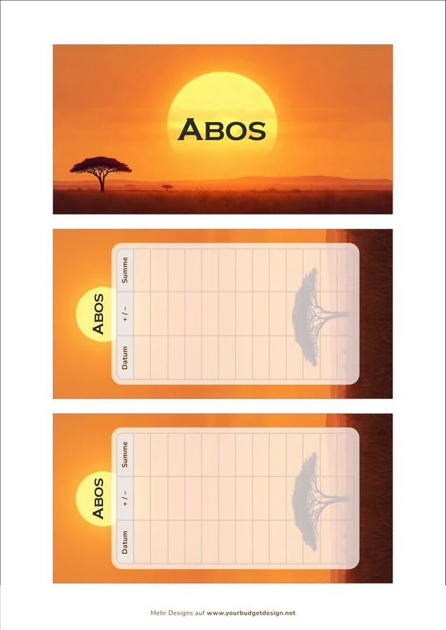 A4-Druckseite im Savanne Akazie Design mit Deckblatt und zwei Budget Sheets zum Ausschneiden