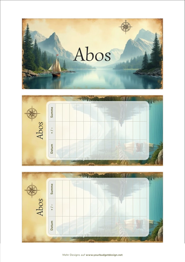 A4-Druckseite im Schatzkarte Abenteuer Design mit Deckblatt und zwei Budget Sheets zum Ausschneiden