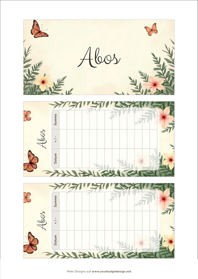 A4-Druckseite im Schmetterlinge Botanik Design mit Deckblatt und zwei Budget Sheets zum Ausschneiden