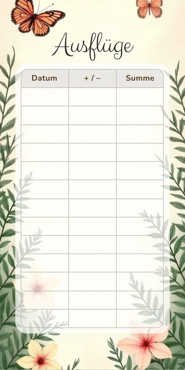 Budget Sheet Ausflüge im Schmetterlinge Botanik Design zum Nachdrucken