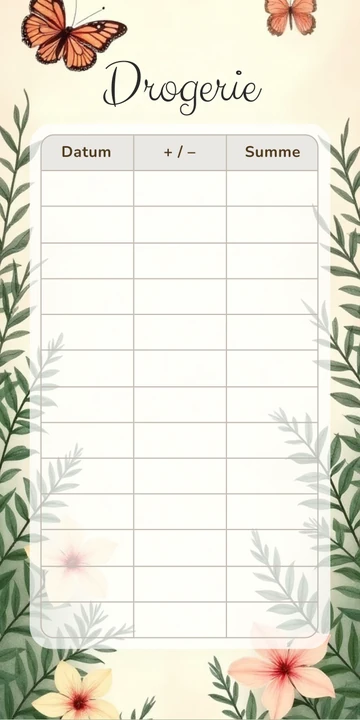 Budget Sheet Drogerie im Schmetterlinge Botanik Design mit Spalten Datum, Plus Minus und Summe
