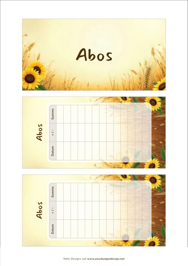 A4-Druckseite im Sonnenblumen Design mit Deckblatt und zwei Budget Sheets zum Ausschneiden