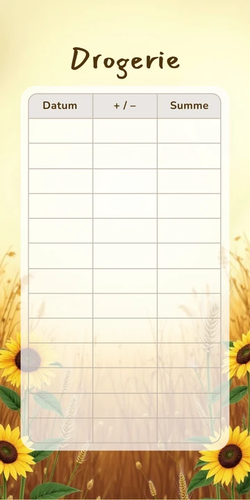 Budget Sheet Drogerie im Sonnenblumen Design mit Spalten Datum, Plus Minus und Summe
