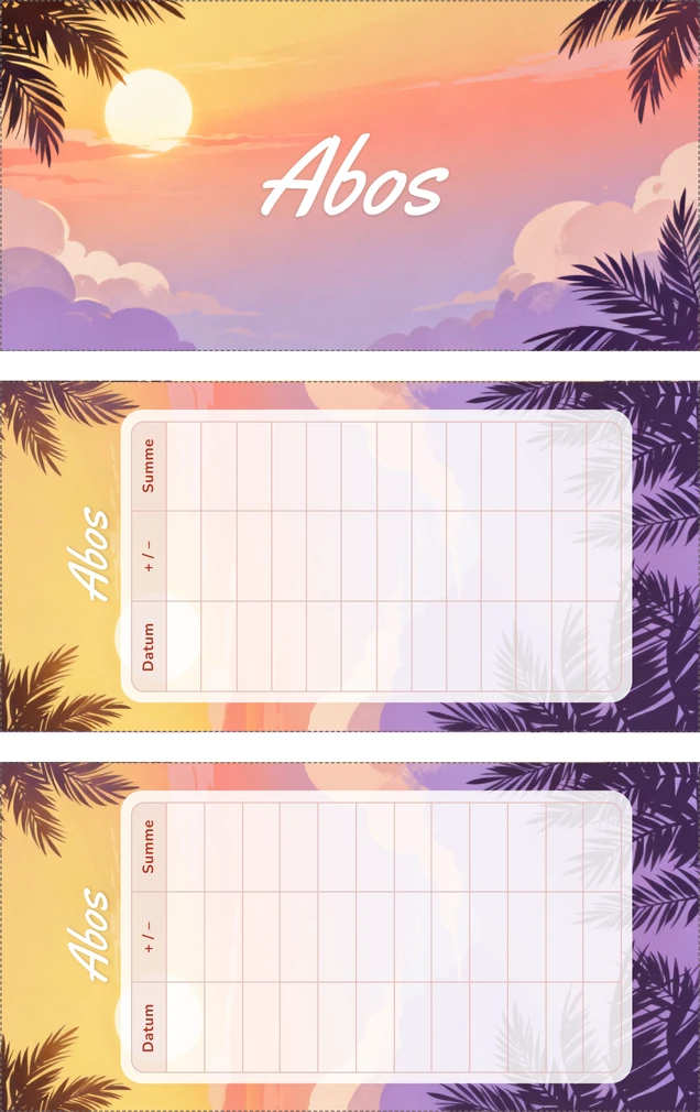 A4-Druckseite im Sonnenuntergang Design mit Deckblatt und zwei Budget Sheets zum Ausschneiden