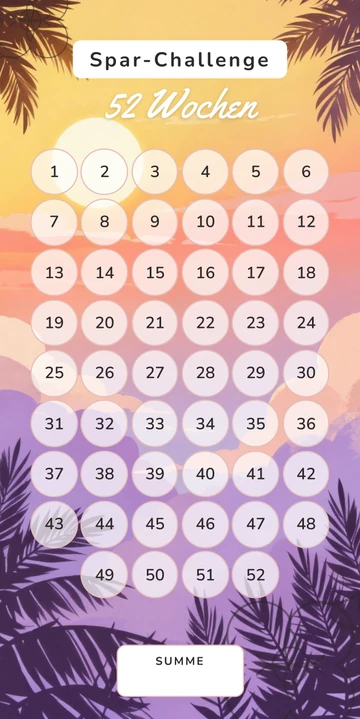 52 Wochen Sparchallenge im Sonnenuntergang Design
