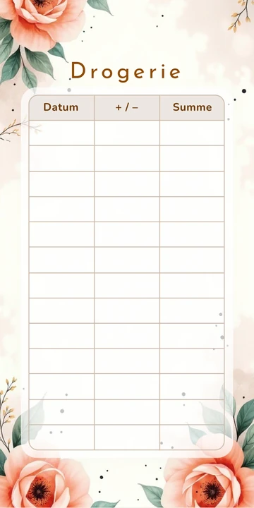 Budget Sheet Drogerie im Terrazzo Geo Design mit Spalten Datum, Plus Minus und Summe