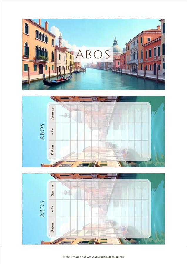 A4-Druckseite im Venedig Kanal Design mit Deckblatt und zwei Budget Sheets zum Ausschneiden