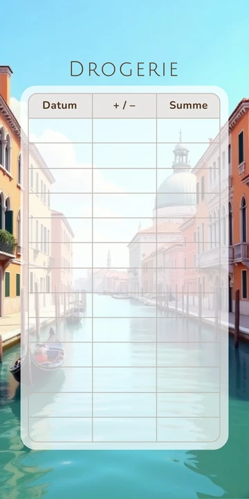 Budget Sheet Drogerie im Venedig Kanal Design mit Spalten Datum, Plus Minus und Summe
