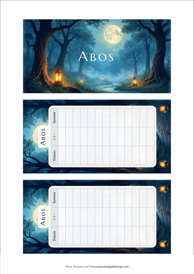 A4-Druckseite im Verwunschener Wald Nacht Design mit Deckblatt und zwei Budget Sheets zum Ausschneiden