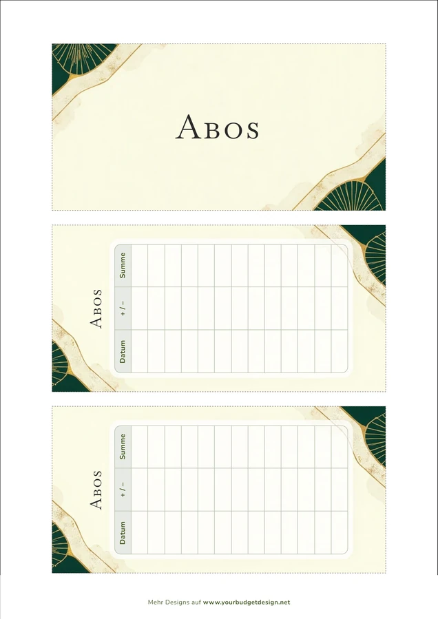 A4-Druckseite im Vintage Art-déco Gold Design mit Deckblatt und zwei Budget Sheets zum Ausschneiden