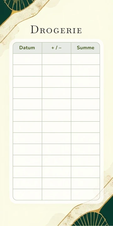 Budget Sheet Drogerie im Vintage Art-déco Gold Design mit Spalten Datum, Plus Minus und Summe