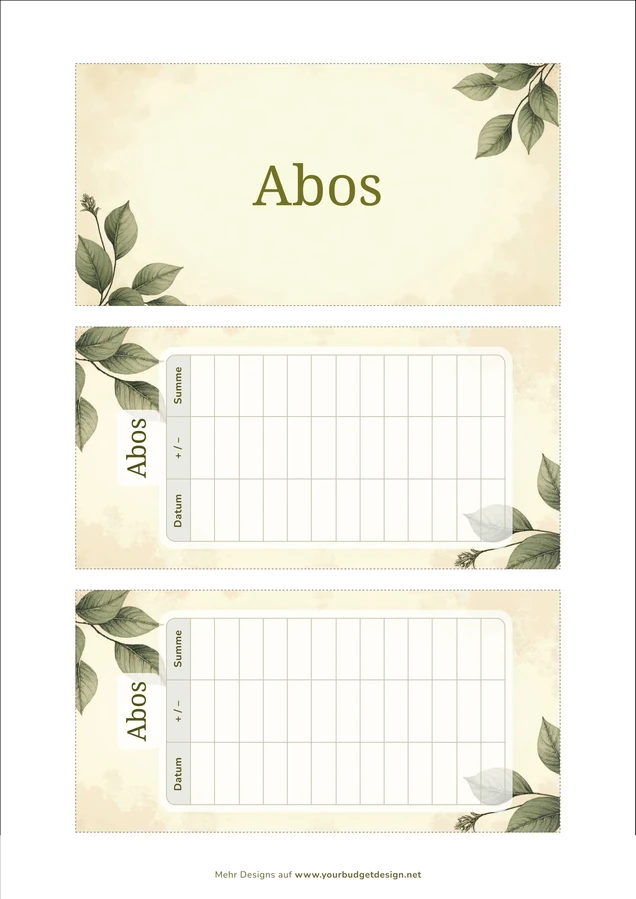 A4-Druckseite im Vintage Botanik Sepia Design mit Deckblatt und zwei Budget Sheets zum Ausschneiden