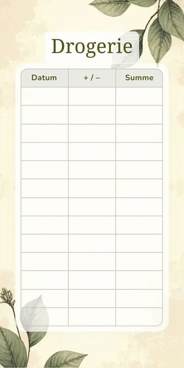 Budget Sheet Drogerie im Vintage Botanik Sepia Design mit Spalten Datum, Plus Minus und Summe