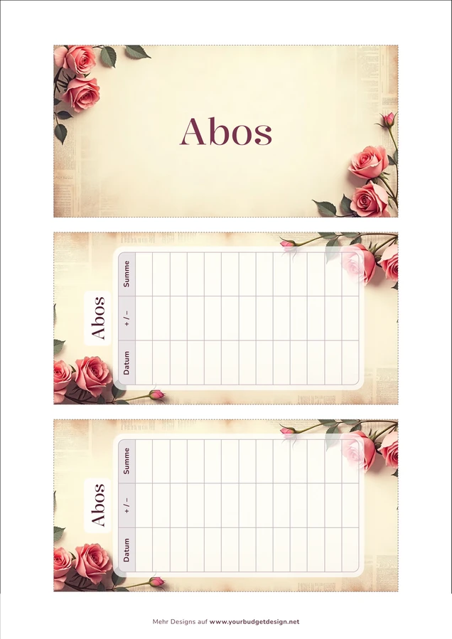 A4-Druckseite im Vintage Rosen Zeitung Design mit Deckblatt und zwei Budget Sheets zum Ausschneiden