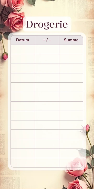 Budget Sheet Drogerie im Vintage Rosen Zeitung Design mit Spalten Datum, Plus Minus und Summe