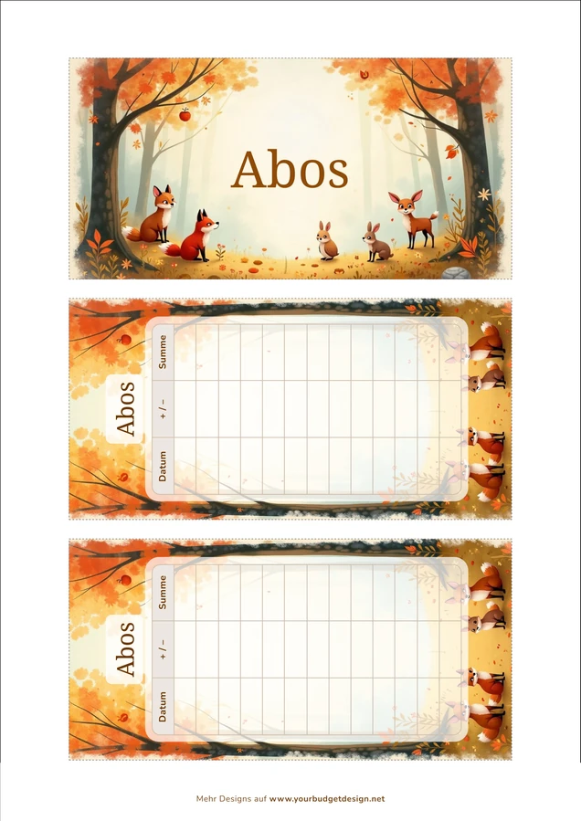 A4-Druckseite im Waldtiere Design mit Deckblatt und zwei Budget Sheets zum Ausschneiden
