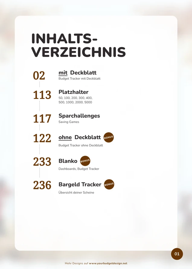 Inhaltsverzeichnis im Waldtiere Design als A4-Druckseite