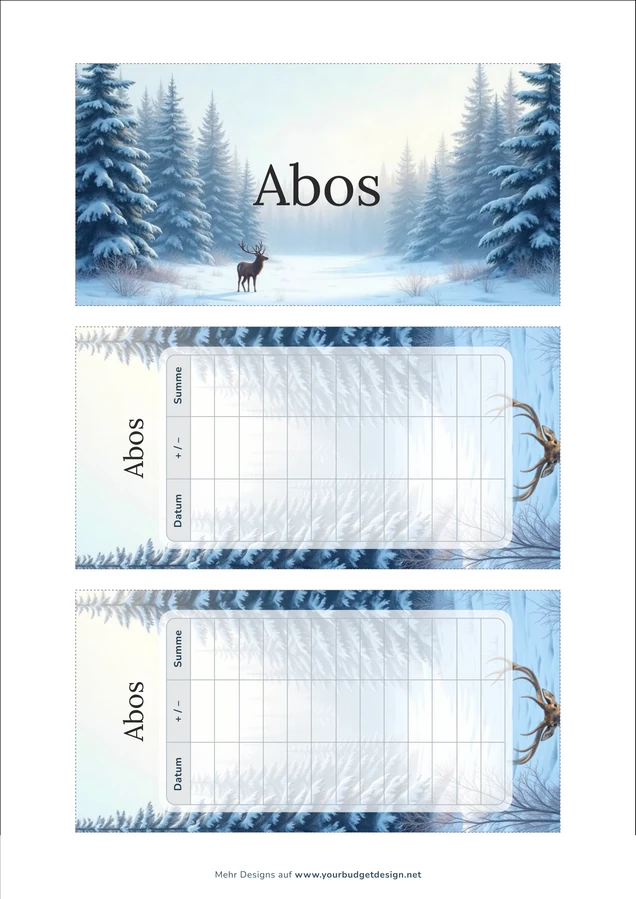 A4-Druckseite im Winter Reh Design mit Deckblatt und zwei Budget Sheets zum Ausschneiden