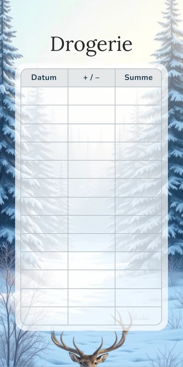 Budget Sheet Drogerie im Winter Reh Design mit Spalten Datum, Plus Minus und Summe