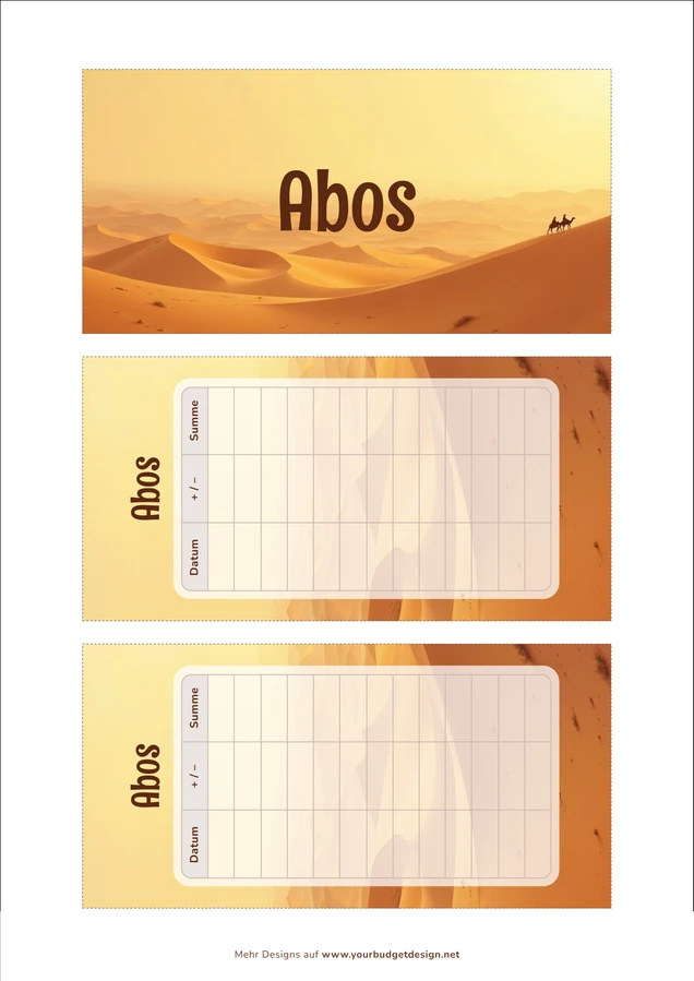 A4-Druckseite im Wüste Karawane Design mit Deckblatt und zwei Budget Sheets zum Ausschneiden