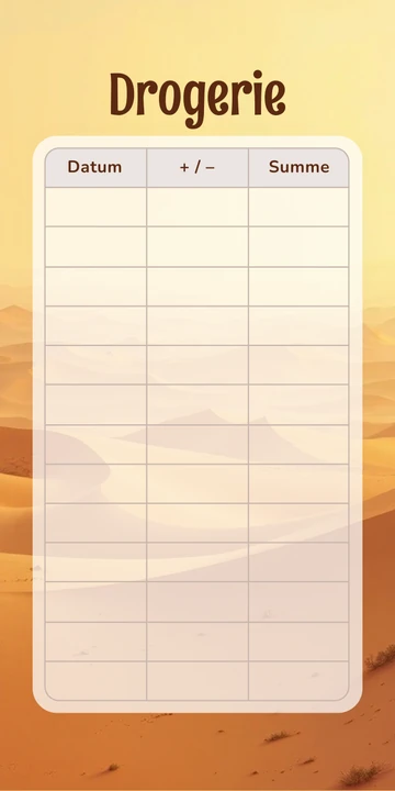 Budget Sheet Drogerie im Wüste Karawane Design mit Spalten Datum, Plus Minus und Summe